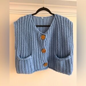 Handmade Light Blue Chunky Knit Button-Front Women's Sweater Vest